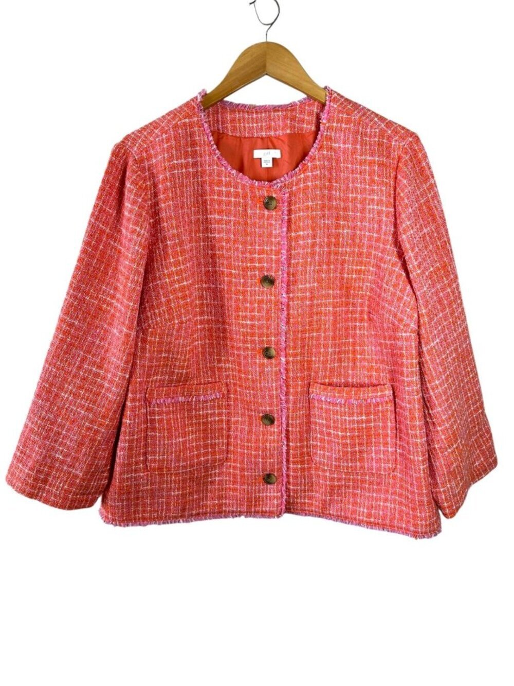 J. Jill Coral Pink Tweed Textured Jacket Fringe Trim Cotton Blend XL - Picture 5 of 8